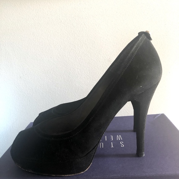 Stuart Weitzman black suede hells with open toe. - Picture 1 of 4
